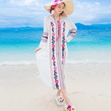 夏季复古民族风刺绣棉麻长袖连衣裙海边度假沙滩裙波西米亚长裙女