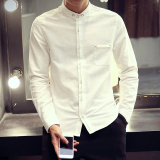 春秋季韩版男士亚麻衬衫长袖修身纯色立领棉麻白色小领寸衬衣男装