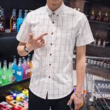 2016夏季男士短袖衬衫格子休闲韩版修身衬衣男装衣服潮男大码寸衫
