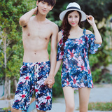 韩国情侣新款游泳衣女比基尼三件套小胸钢托聚拢男士沙滩裤泳装