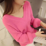 2015秋装韩国新款V领宽松显瘦纯色毛衣套头女长袖短款针织衫潮
