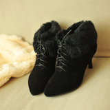 韩国代购款 磨砂牛皮真皮中跟短靴尖头舒适细跟系带兔毛小跟女靴