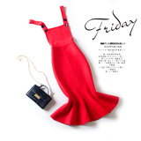 2016韩国东大门春装新款优雅针织吊带背带连衣裙修身显瘦包臀裙
