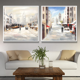现代欧式纯手工油画装饰画家具浪漫街景客厅沙发两联挂画卧室配画