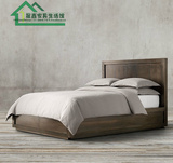 外贸美式做旧高背床法式复古卧室家具实木橡木1.8米双人床婚床