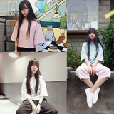 韩国ulzzang夏装女装纯色简约百搭宽松中袖套头T恤高腰短款上衣潮