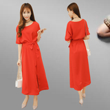 夏季女短袖圆领开衩长款红色连衣裙雪纺修身显瘦腰带气质淑女长裙