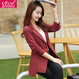 Yi－xn2016秋季新款女士西服修身一粒扣小西装百搭中长款棉麻外套