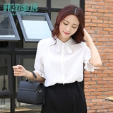 棉麻兔耳朵女短袖韩版上衣 2016新款夏季显瘦纯色五分袖立领衬衫