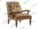 美式乡村单人实木沙发椅客厅真皮休闲椅欧式雕花皮艺沙发椅特价