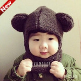 韩版秋冬季男女婴儿童宝宝加厚保暖护耳小熊耳朵围脖套头帽子批发