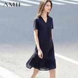 Amii[极简主义]2016夏季新款V领棉雪纺短袖大码显瘦中长款连衣裙