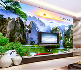 3D大型立体壁画中式山水流水生财客厅电视背景墙纸办公室酒店壁纸