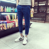 2016夏季青年大码男士韩版潮流英伦时尚纯色直筒九分牛仔裤淡蓝色