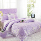 秋冬韩式公主夹棉四件套蕾丝床裙加厚纯棉绗缝床上用品紫色六件套