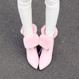 欧洲站2015秋冬品牌真皮羊毛短靴坡跟尖头白粉色系带内增高马丁靴