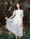 美妃2016夏装新款白色 长裙 方领中袖网纱刺绣大摆 连衣裙 女6716