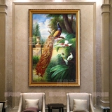 手绘孔雀油画欧式客厅竖版吉祥鸟装饰画餐厅玄关挂画书房有框壁画