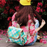 韩国春季女款小熊格纹包维尼双肩背包多口袋书包几何图案双肩包