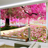 无缝大型壁画樱花树林风景3D客厅电视背景墙无纺布粘贴田园壁纸