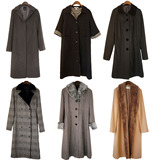 日本韩国vintage古着欧美街拍气质修身格纹长款羊毛呢大衣孤品