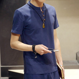 棉麻短袖t恤男士体恤修身夏季亚麻半袖中国风潮流男装衣服纯色潮