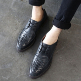 16新品韩系复古布洛克做旧男鞋英伦青年雕花编织尖头春季厚底皮鞋