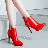 性感细跟超高跟真皮短靴2016冬季欧美新款马丁靴尖头女靴红色婚鞋