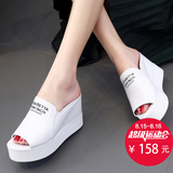 2016夏季韩版新款拖鞋女厚底一字型防滑软底坡跟松糕真皮凉拖鞋子