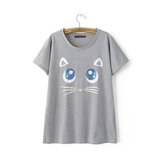 出口日本欧美外贸原单女装夏季新款纯色蓝眼猫咪印花短袖圆领T恤