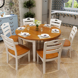 客厅餐桌 实木折叠餐椅圆桌饭桌 可伸缩圆桌组合 一桌六椅大餐桌