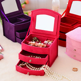 韩式公主复古绒布创意首饰盒带镜多层小号化妆盒珠宝饰品收纳盒子
