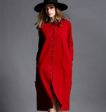 2016女装春款中长款民族风红色风衣外套复古旗袍式长袖连衣裙