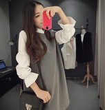 2016韩版春季时尚女装潮修身长袖单件假两件套通勤A型公主连衣裙