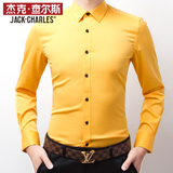 免烫抗皱丝质衬衫男长袖黄色光滑面料衬衫时尚修身型男衬衣韩版潮