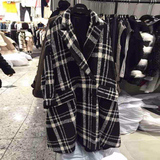 韩国代购2015秋冬新款气质复古格子大摆式羊毛呢中长款大衣外套女