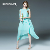 ZIMMUR2016夏季新款女装圆领无袖欧美时尚气质不规则雪纺连衣裙夏