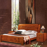 实木床中式美国红橡木1.5 1.8现代卧室家具高箱储物雕花双人婚床