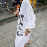 韩国代购2016夏季新款米奇印花后背图案中长款竹节棉开衫防晒外套