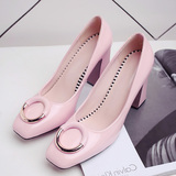 韩版甜美浅粉色公主鞋方头高跟鞋粗跟真皮女鞋漆皮超高跟单鞋浅口