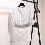 2016夏季新品韩版立领中长款五分袖棉麻衬衫宽松中袖印花衬衣女潮