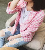 夏季韩版时尚小清新粉色格子长袖衬衫宽松外套棉前短后长防晒衣女