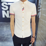 夏装纯色短袖衬衫男士韩版青少年大码修身休闲潮薄款白色衬衣男装