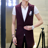 韩版日系修身马甲西装男装无袖开衫中长款大码发型师潮流夜店马夹