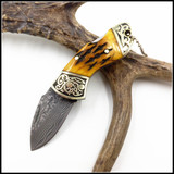 大马士革钢刀 纯手工铜头天然牛骨柄收藏 随身便携小刀 精工制造