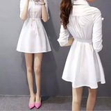 米奇流行纯棉白色高腰长袖单排扣高温定型A字衬衣连衣短裙