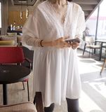 韩国代购夏新款女装性感宽松显瘦白色蕾丝拼接宽松V领娃娃连衣裙