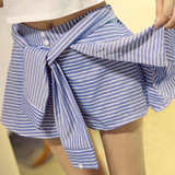2015夏装韩版半身裙短裙衬衫系带假两件松紧腰条纹裙裤 短裤 热裤