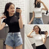 2016夏季新款韩版韩版紧身纯色圆领上衣 修身显瘦短款短袖T恤女潮