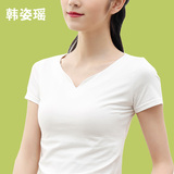 夏季纯棉莫代尔短袖t恤女修身上衣v领纯白色大码打底衫简约韩国潮